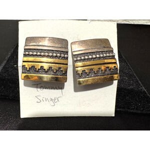 Navajo TOMMY SINGER Sterling Silver and Gold Wash CLIP EARRINGS Engraved Texture